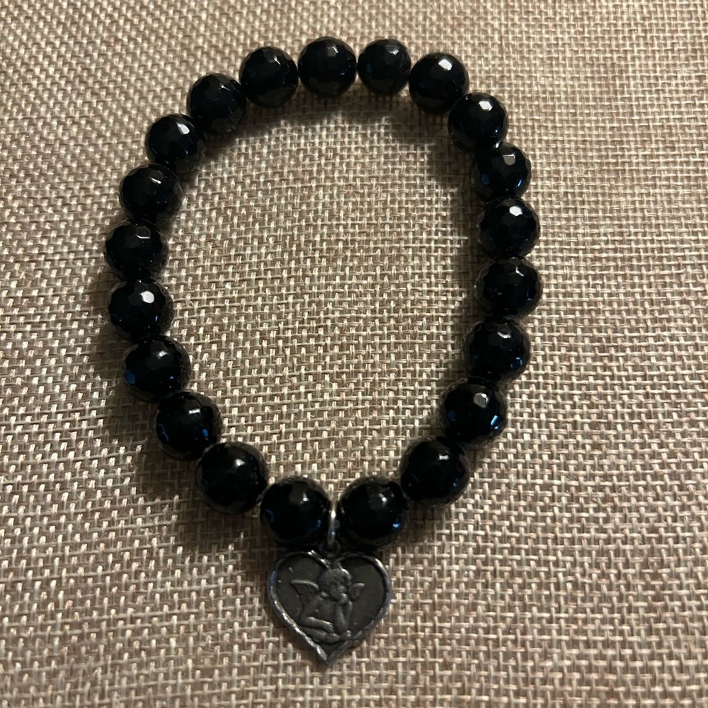 Black Beaded Bracelet with Heart Charm